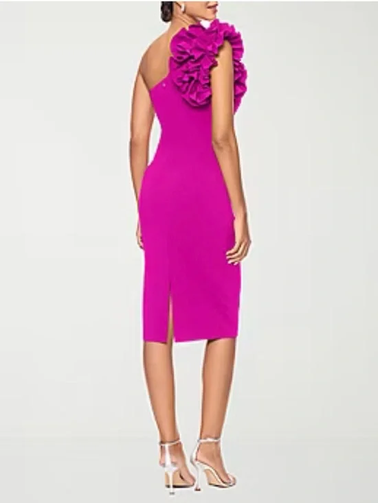 One-Shoulder Ruffle Midi Dress in Fuchsia - Picture 2 of 7